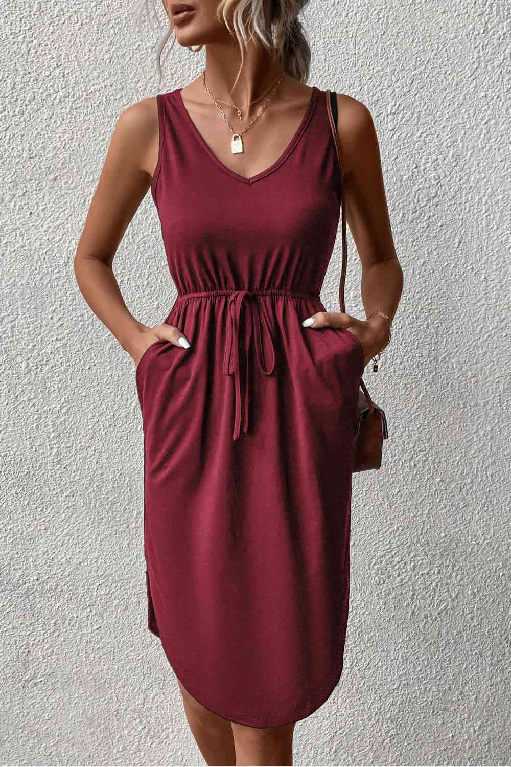 V-Neck Curved Hem Sleeveless Dress -BazaarBey - www.shopbazaarbey.com