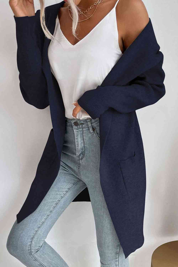 BazaarBey  Ribbed Open Front Hooded Cardigan with Pockets Bazaarbey