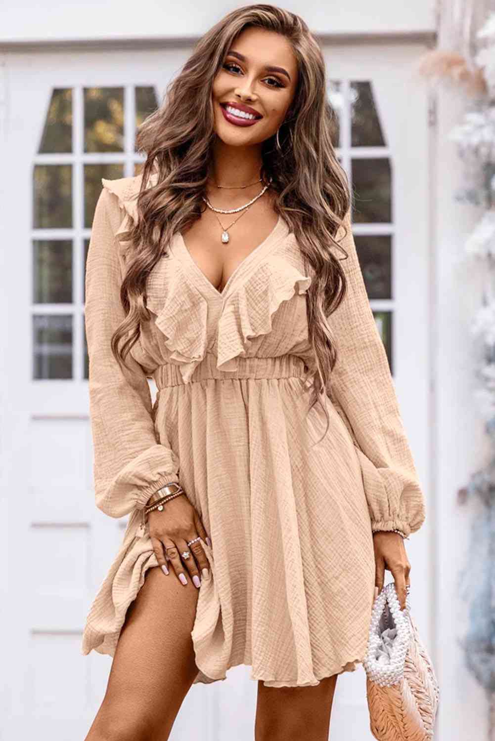 Ruffle Trim V-Neck Long Sleeve Mini Dress Bazaarbey