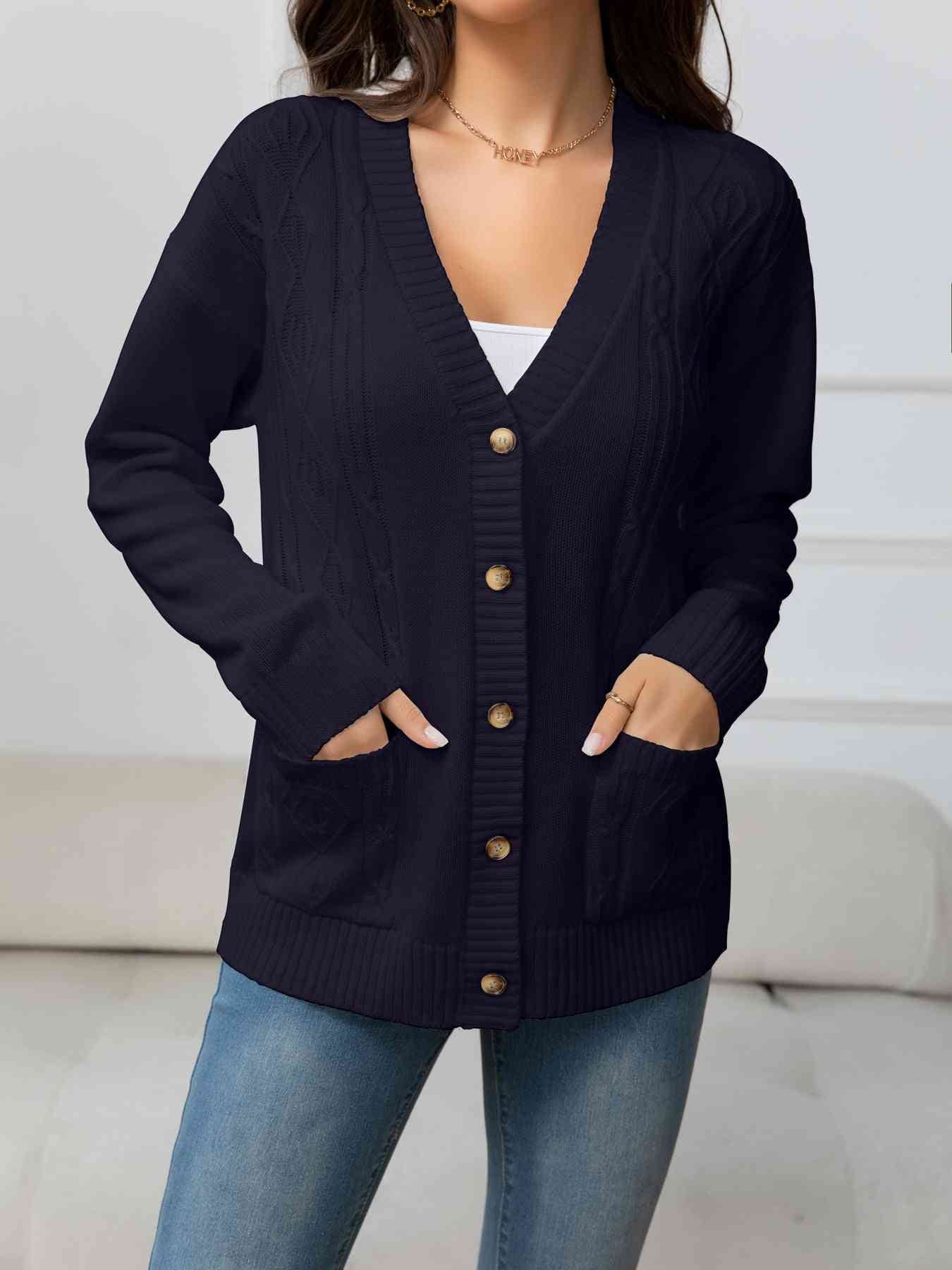 V-Neck Long Sleeve Buttoned Knit Top with Pocket Trendsi