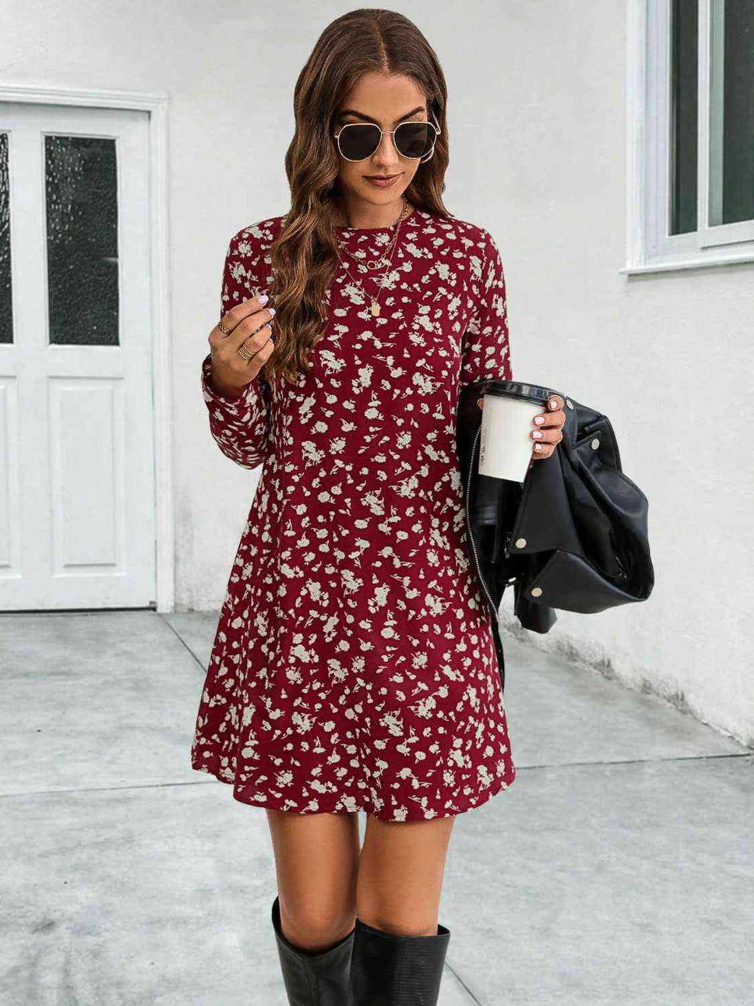 Round Neck Long Sleeve Mini Dress -BazaarBey - www.shopbazaarbey.com