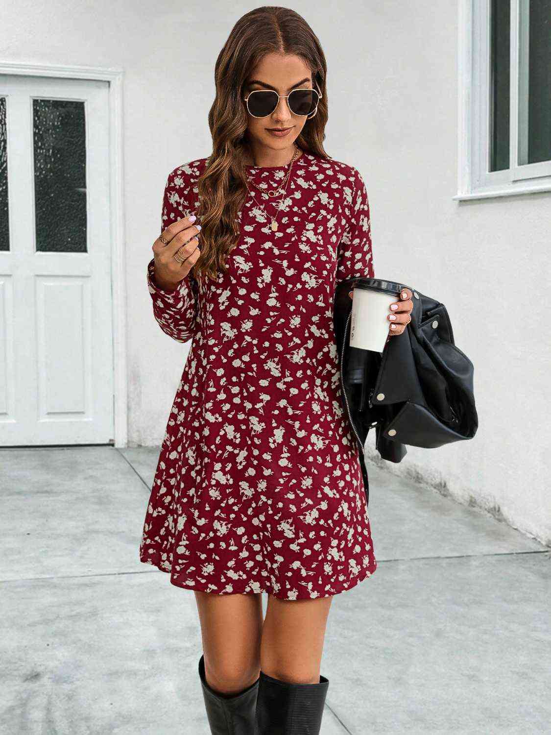 Round Neck Long Sleeve Mini Dress -BazaarBey - www.shopbazaarbey.com