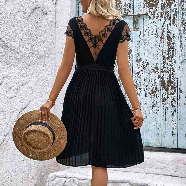 V-Neck Tie Belt Pleated Dress -BazaarBey - www.shopbazaarbey.com