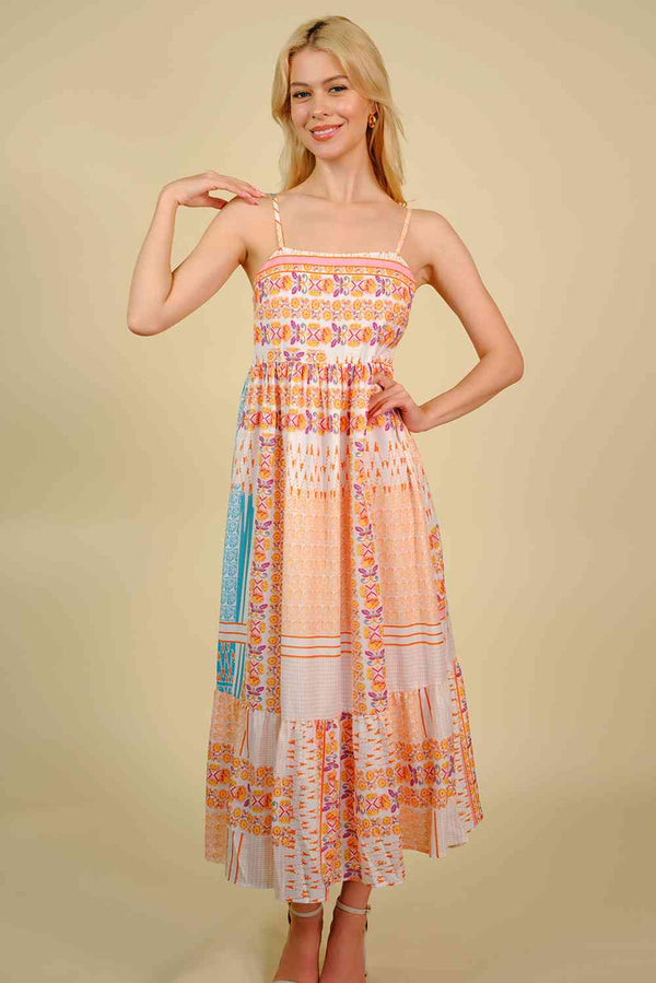Printed Spaghetti Strap Smocked Midi Dress -BazaarBey - www.shopbazaarbey.com