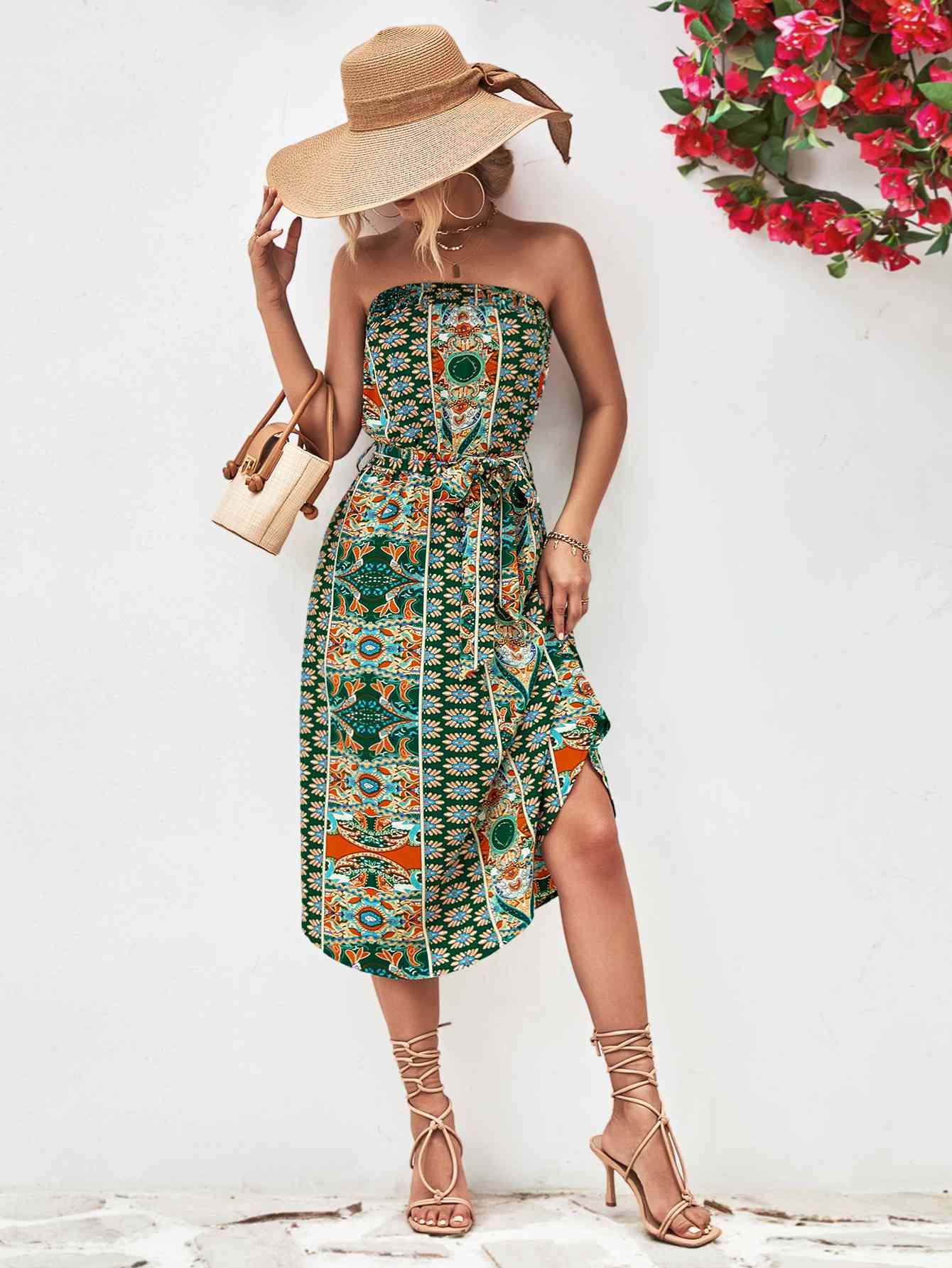 Printed Strapless Tie Belt Dress -BazaarBey - www.shopbazaarbey.com