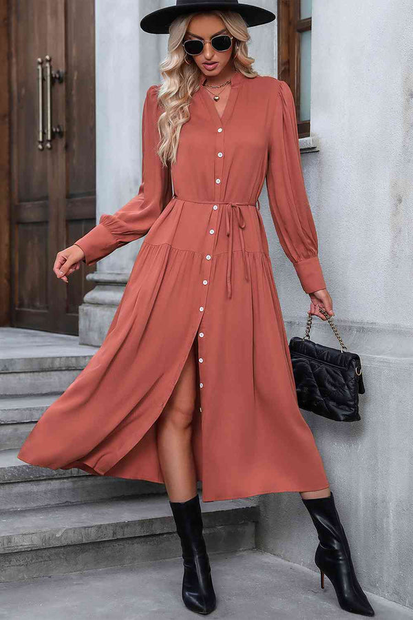 Button Down Notched Neck Dress -BazaarBey - www.shopbazaarbey.com