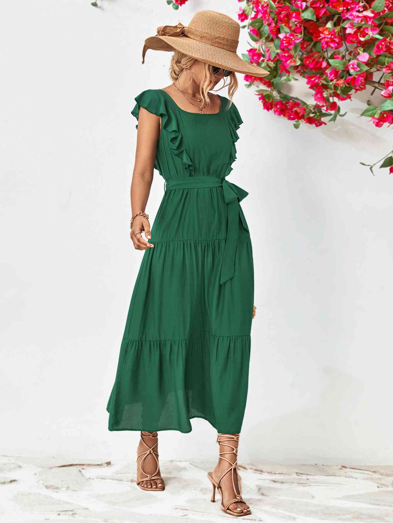 Tie Belt Ruffled Tiered Dress -BazaarBey - www.shopbazaarbey.com
