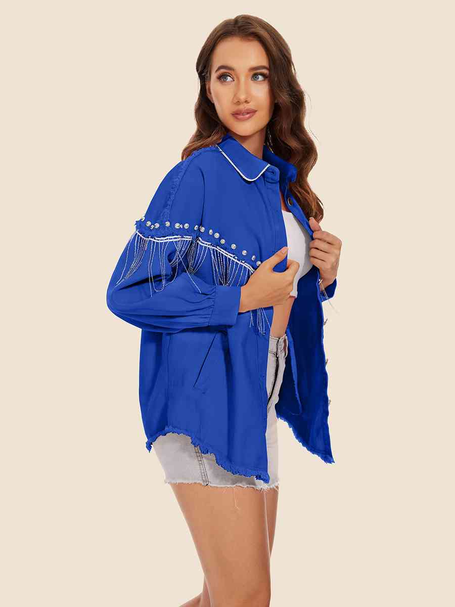 Raw Hem Fringe Detail Denim Jacket Bazaarbey