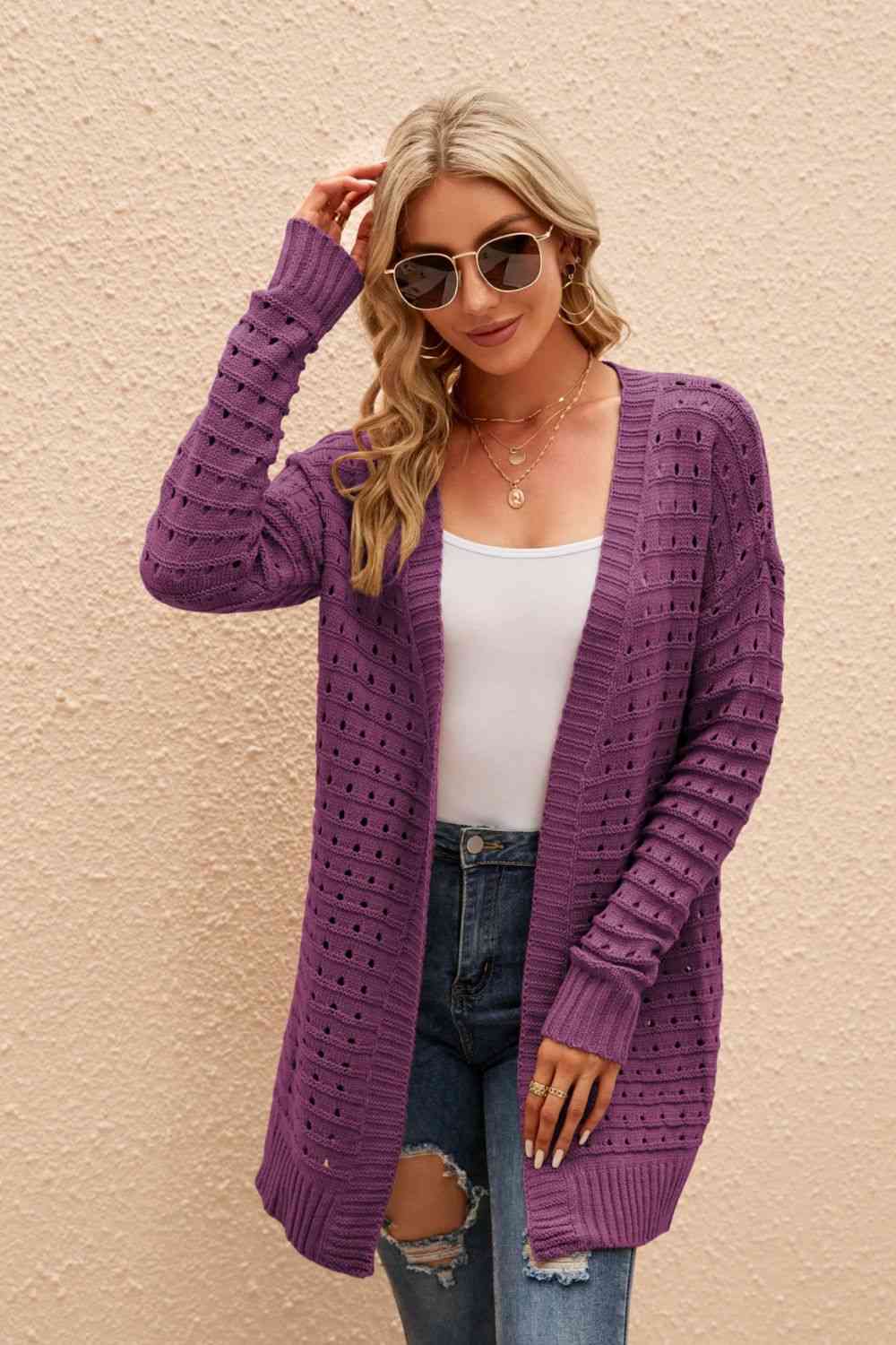 Openwork Horizontal Ribbing Open Front Cardigan Trendsi