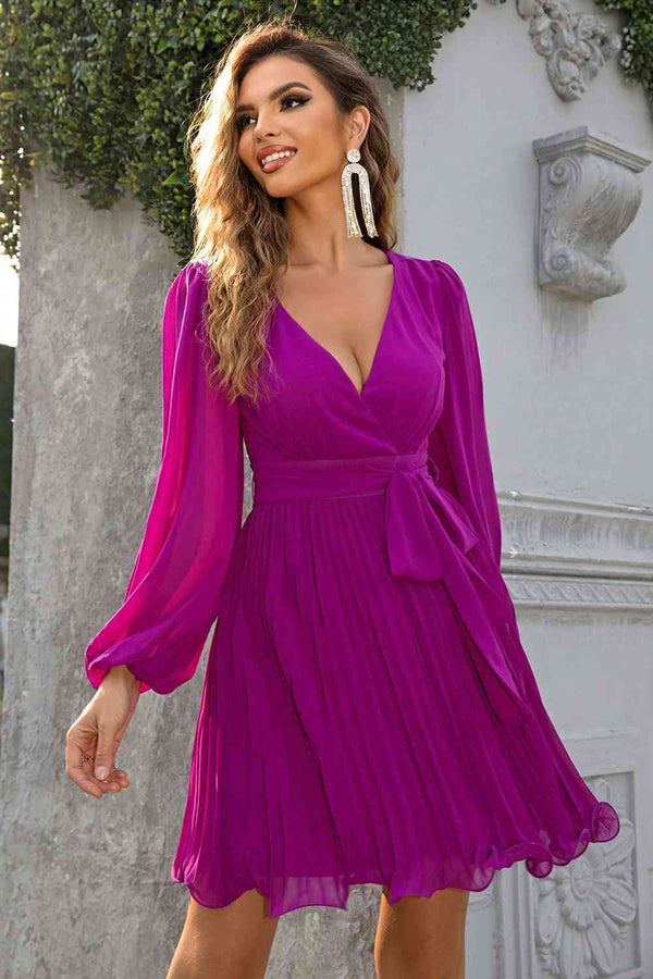 Tied  Neck Pleated Dress -BazaarBey - www.shopbazaarbey.com