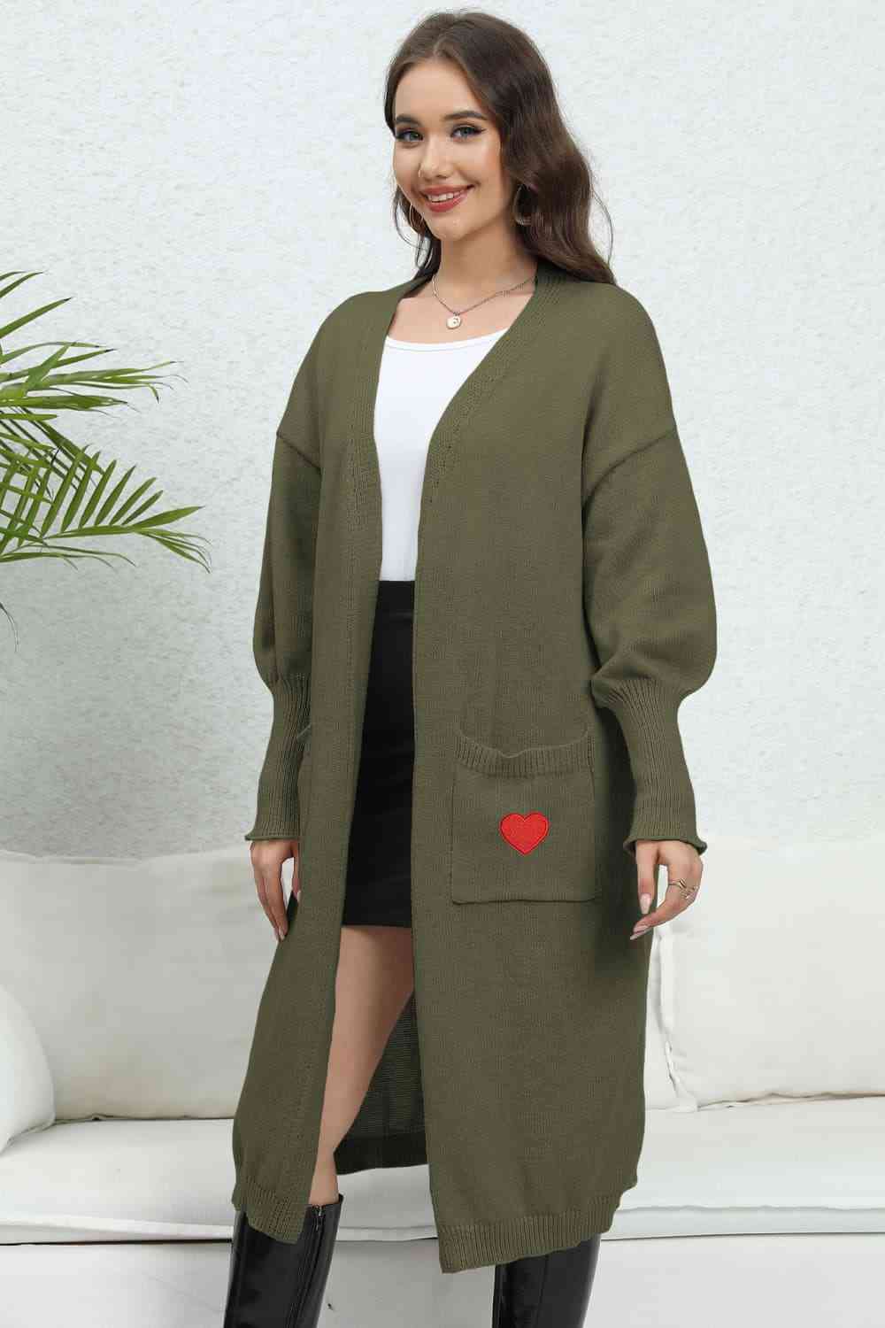 Lantern Sleeve Open Front Pocketed Cardigan Trendsi