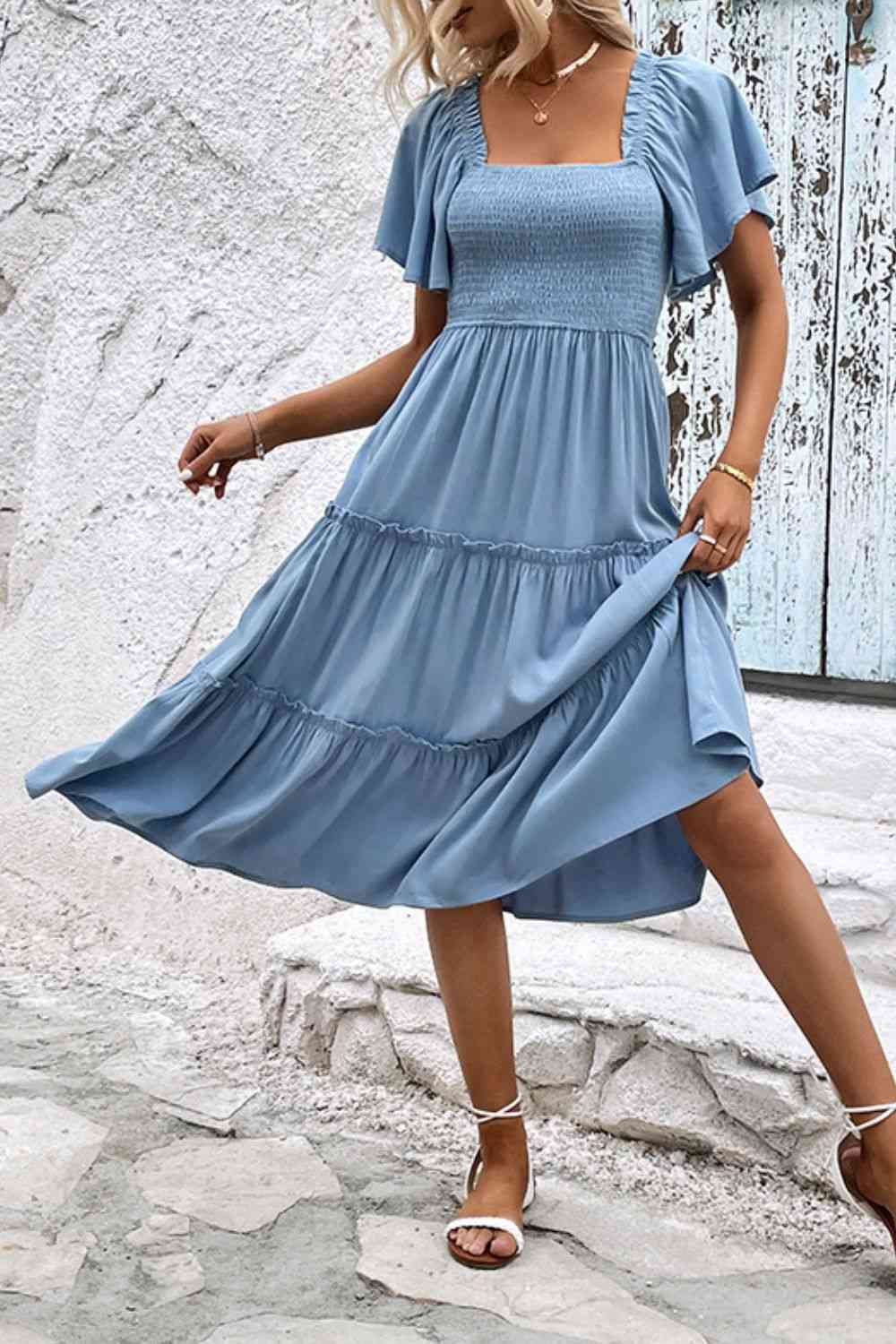 Smocked Square Neck Frill Trim Dress -BazaarBey - www.shopbazaarbey.com