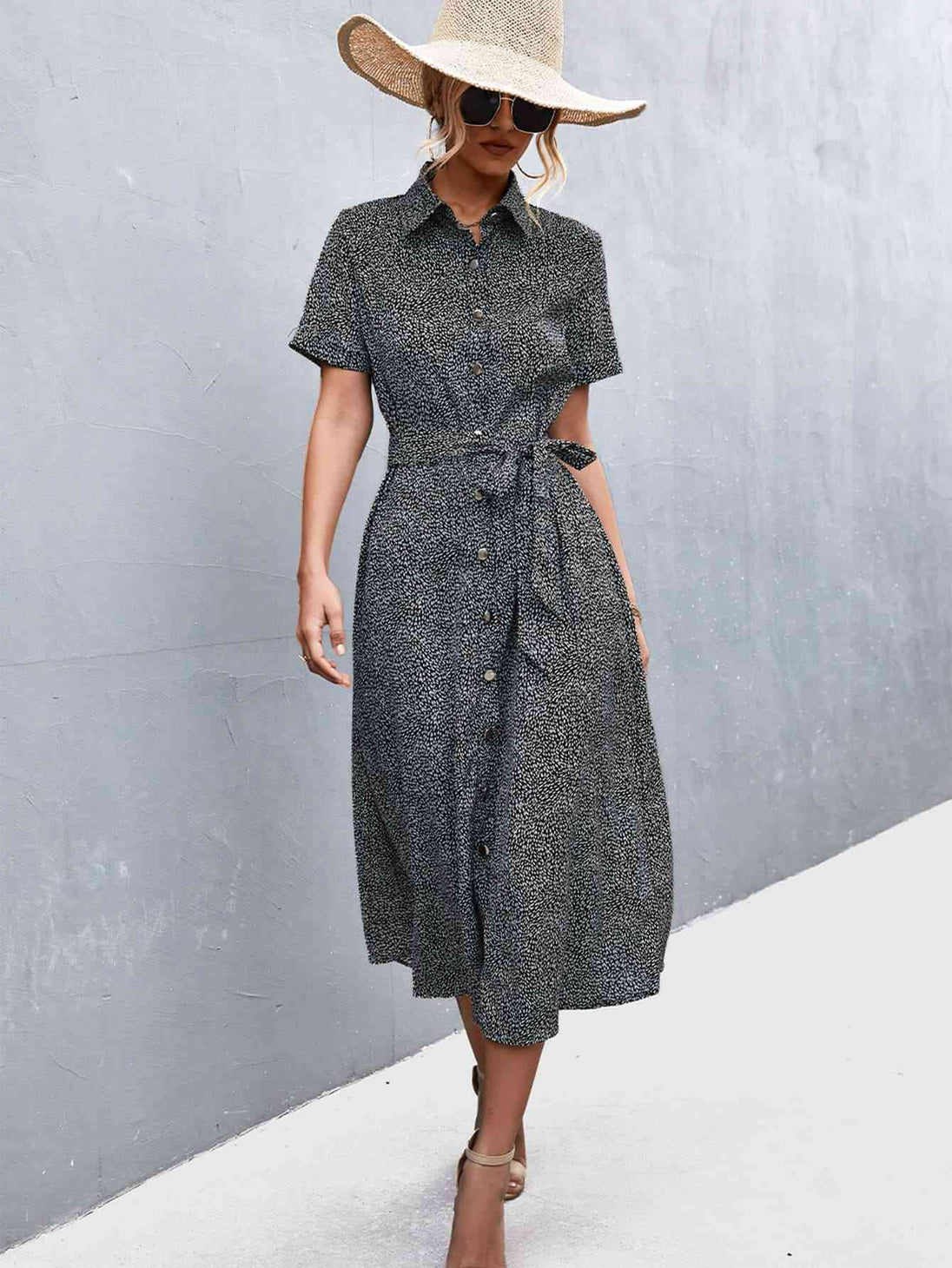 Printed Tie Waist Short Sleeve Shirt Dress -BazaarBey - www.shopbazaarbey.com
