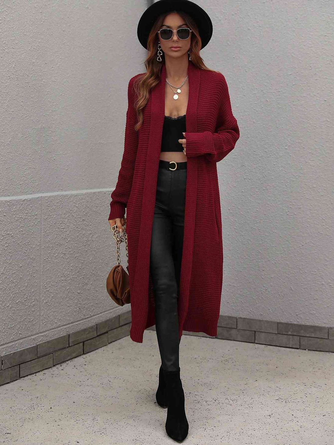  Waffle Knit  Duster Cardigan With Pockets Trendsi