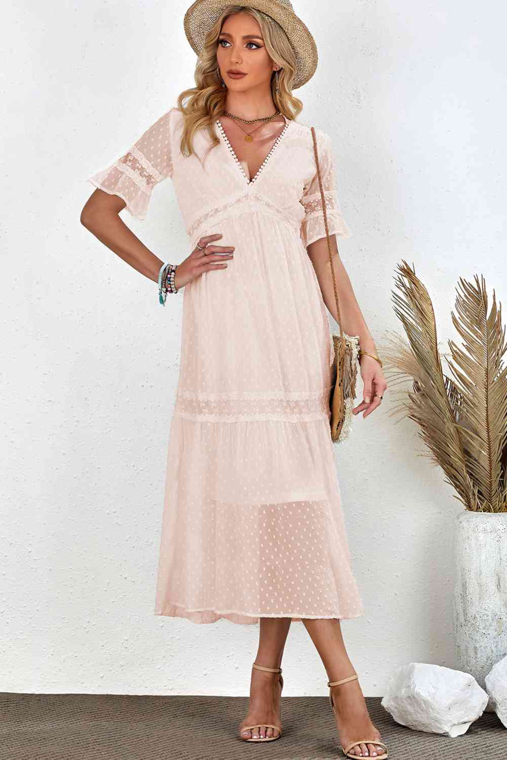  V-Neck Short Sleeve Midi Dress -BazaarBey - www.shopbazaarbey.com