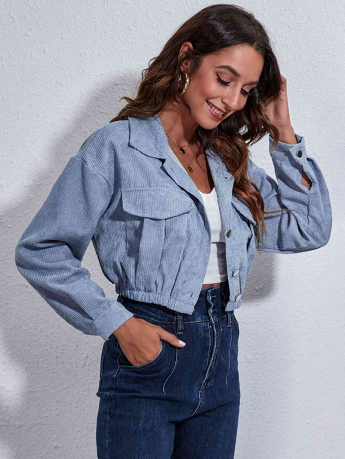 Collared Neck Dropped Shoulder Buttoned Jacket Bazaarbey