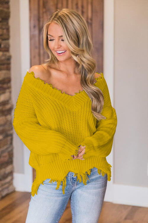 Frayed Hem Dropped Shoulder Sweater Bazaarbey