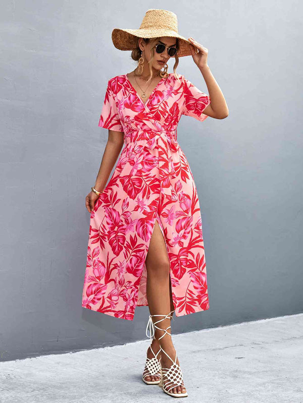 Floral Print High Slit  Neck Tie Waist Midi Dress -BazaarBey - www.shopbazaarbey.com
