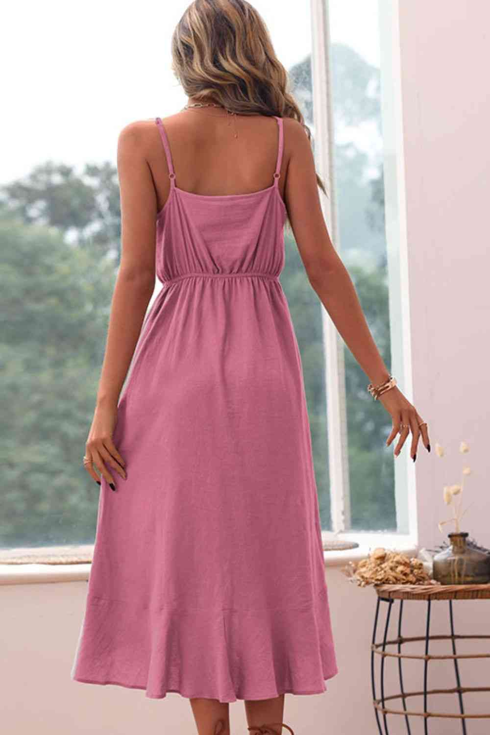 Spaghetti Strap Decorative Button Ruffled Dress -BazaarBey - www.shopbazaarbey.com