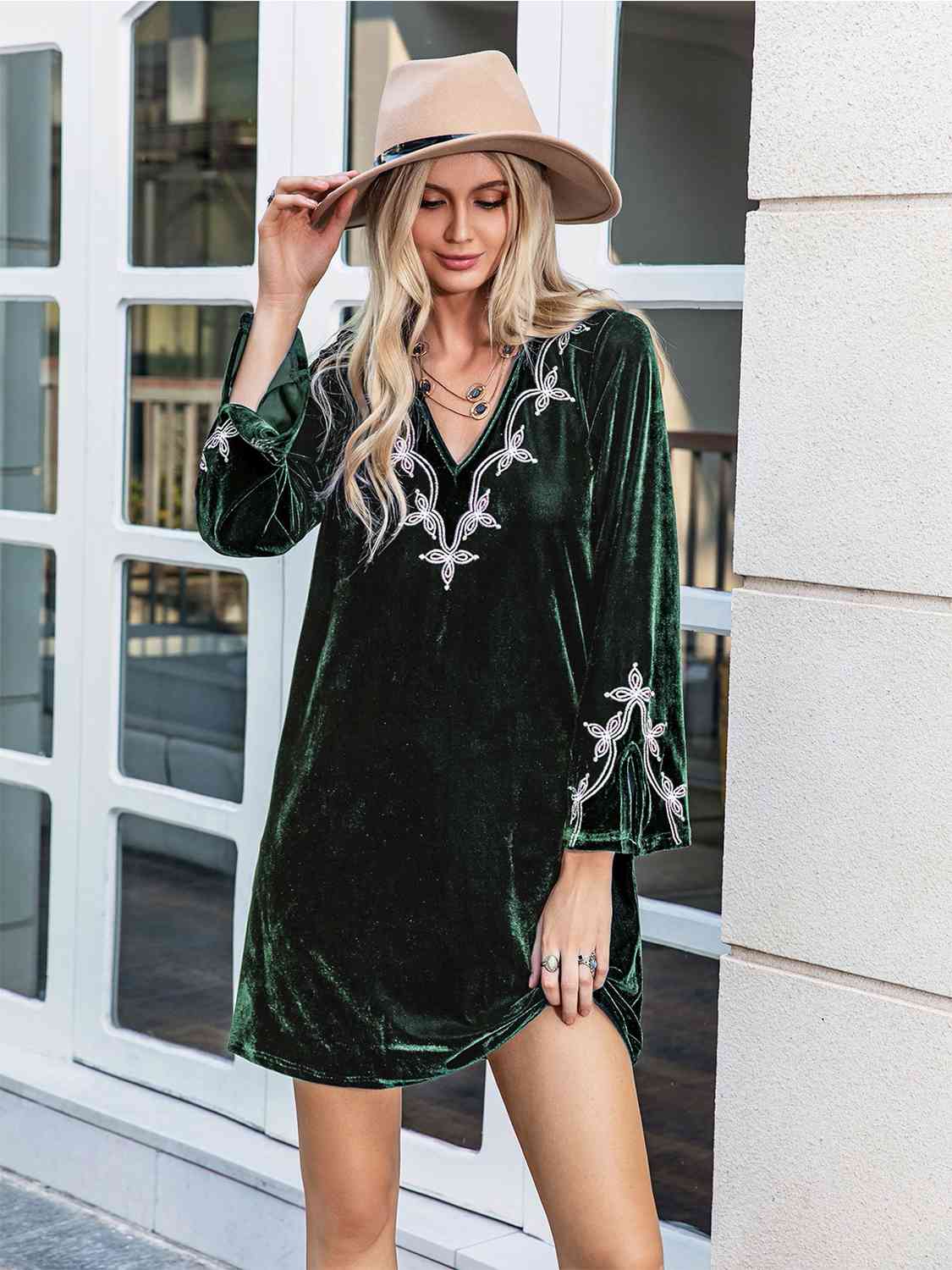 V-Neck Slit Sleeve Mini Dress -BazaarBey - www.shopbazaarbey.com