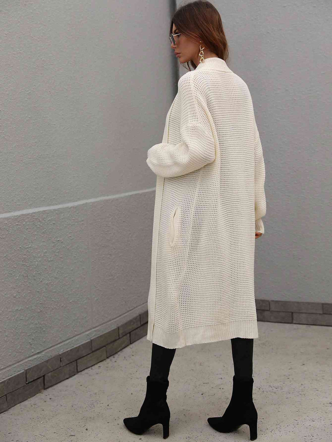  Waffle Knit  Duster Cardigan With Pockets Trendsi