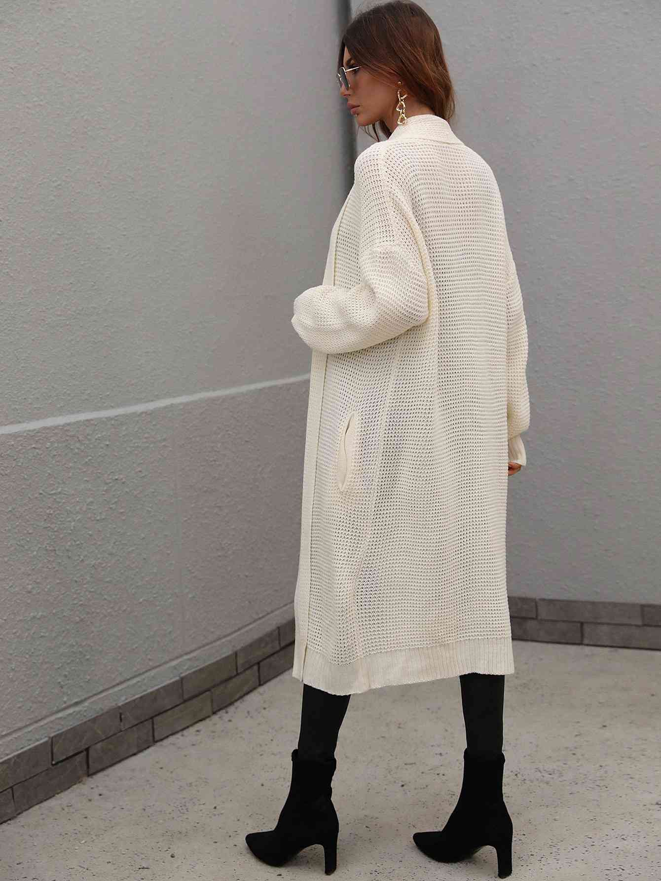  Waffle Knit  Duster Cardigan With Pockets Trendsi