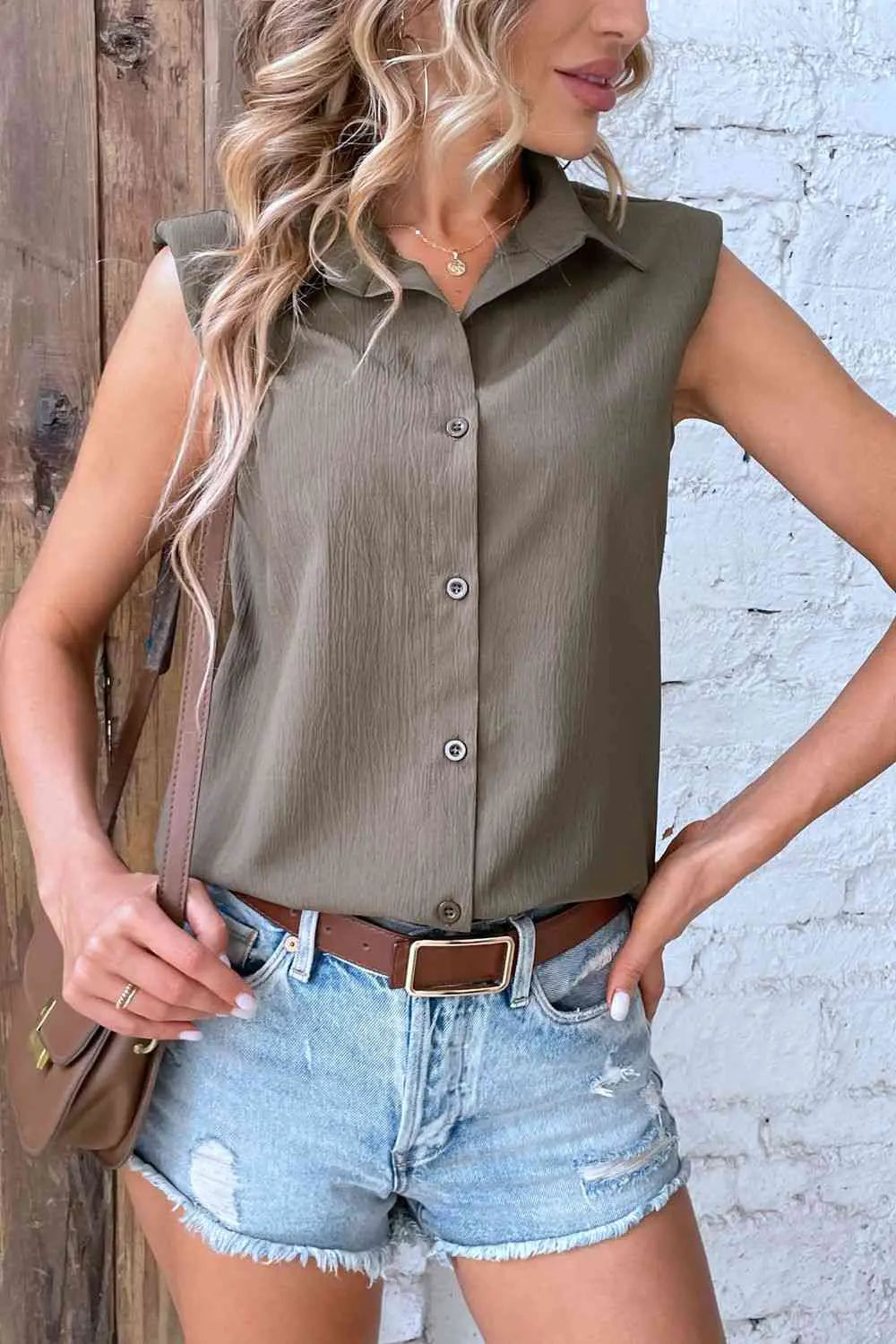 Collared Neck Sleeveless Shirt Bazaarbey