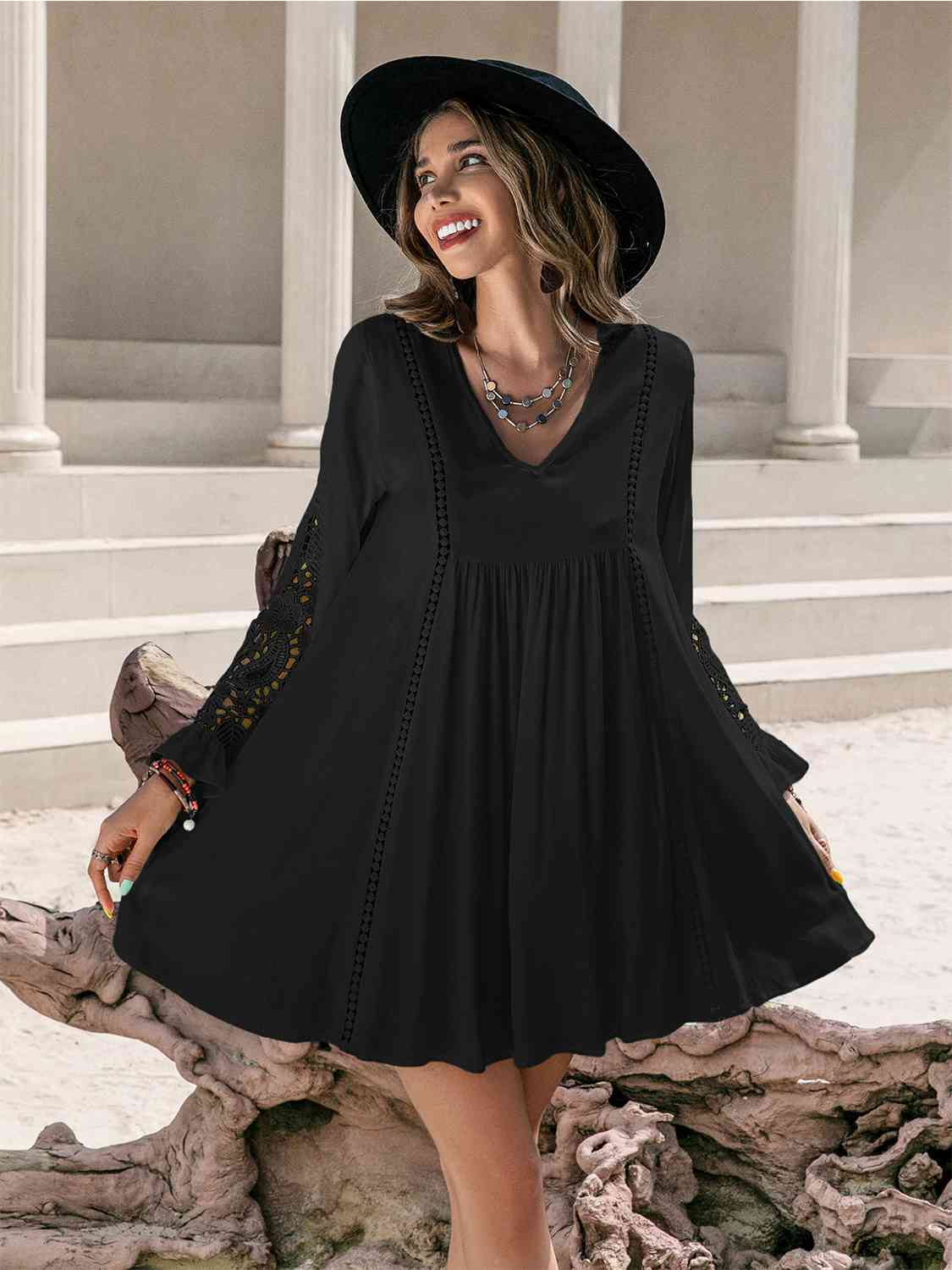 Lace Detail V-Neck Mini Dress Bazaarbey