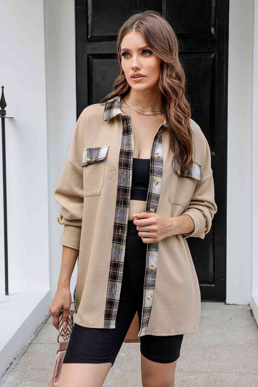 Plaid Button Down Collared Jacket Trendsi
