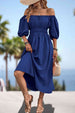 Square Neck Smocked Waist Puff Sleeve Midi Dress -BazaarBey - www.shopbazaarbey.com