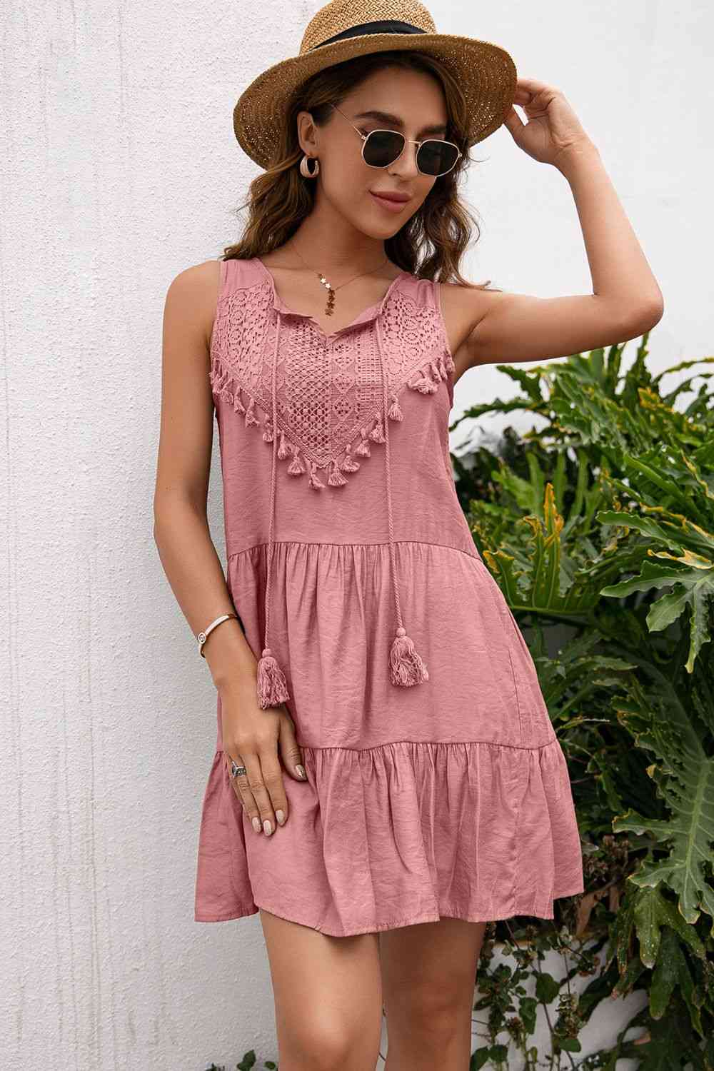 Tassel Tie Lace Trim Sleeveless Dress -BazaarBey - www.shopbazaarbey.com