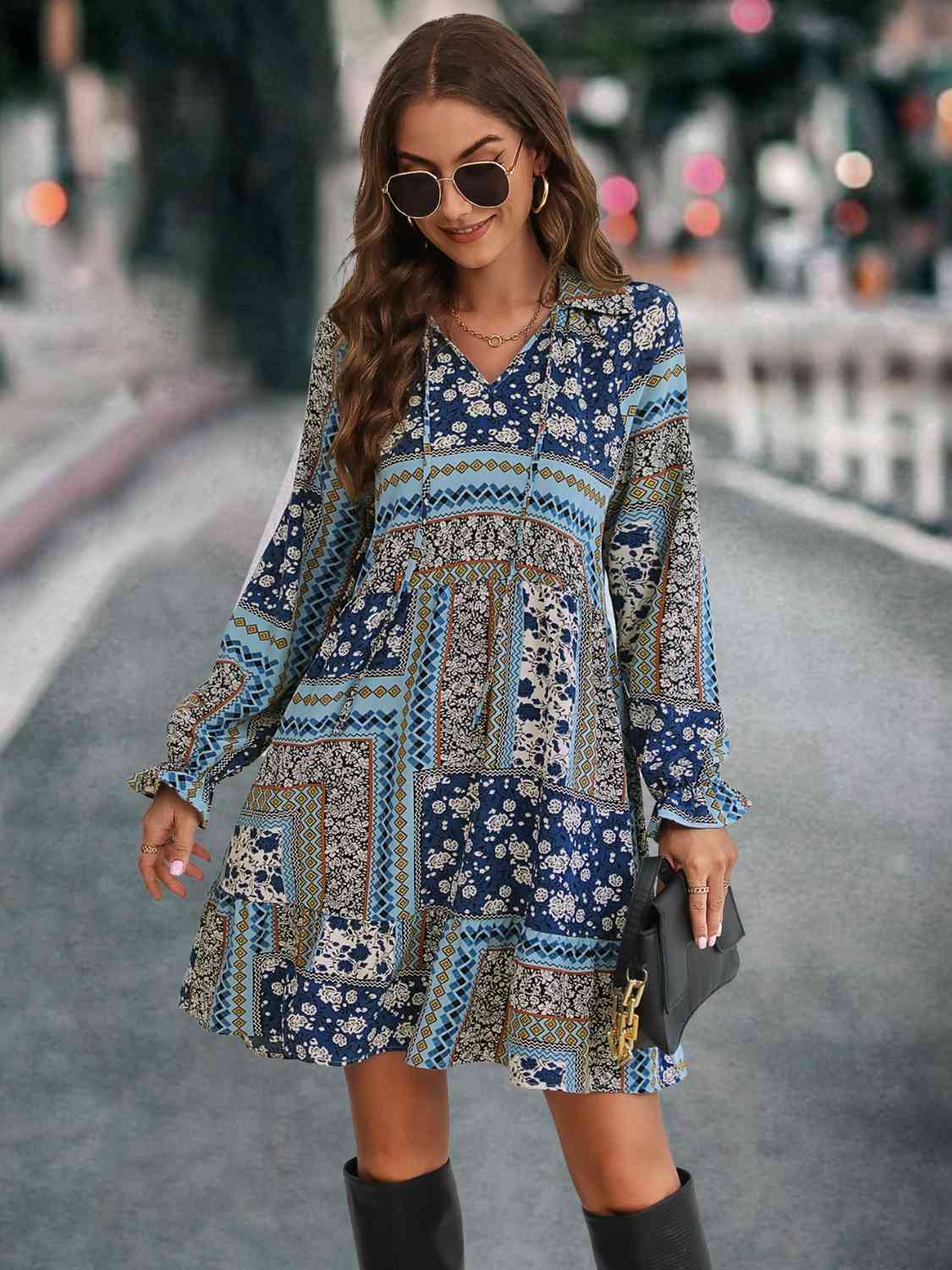 Printed Tie Front Flounce Sleeve Dress -BazaarBey - www.shopbazaarbey.com