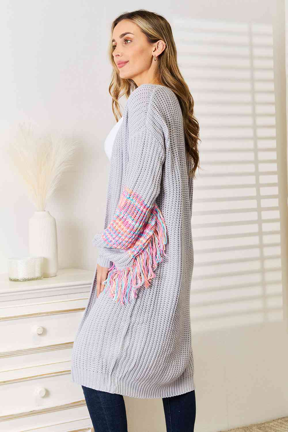 Woven Right  Sleeve Dropped Shoulder Cardigan Bazaarbey