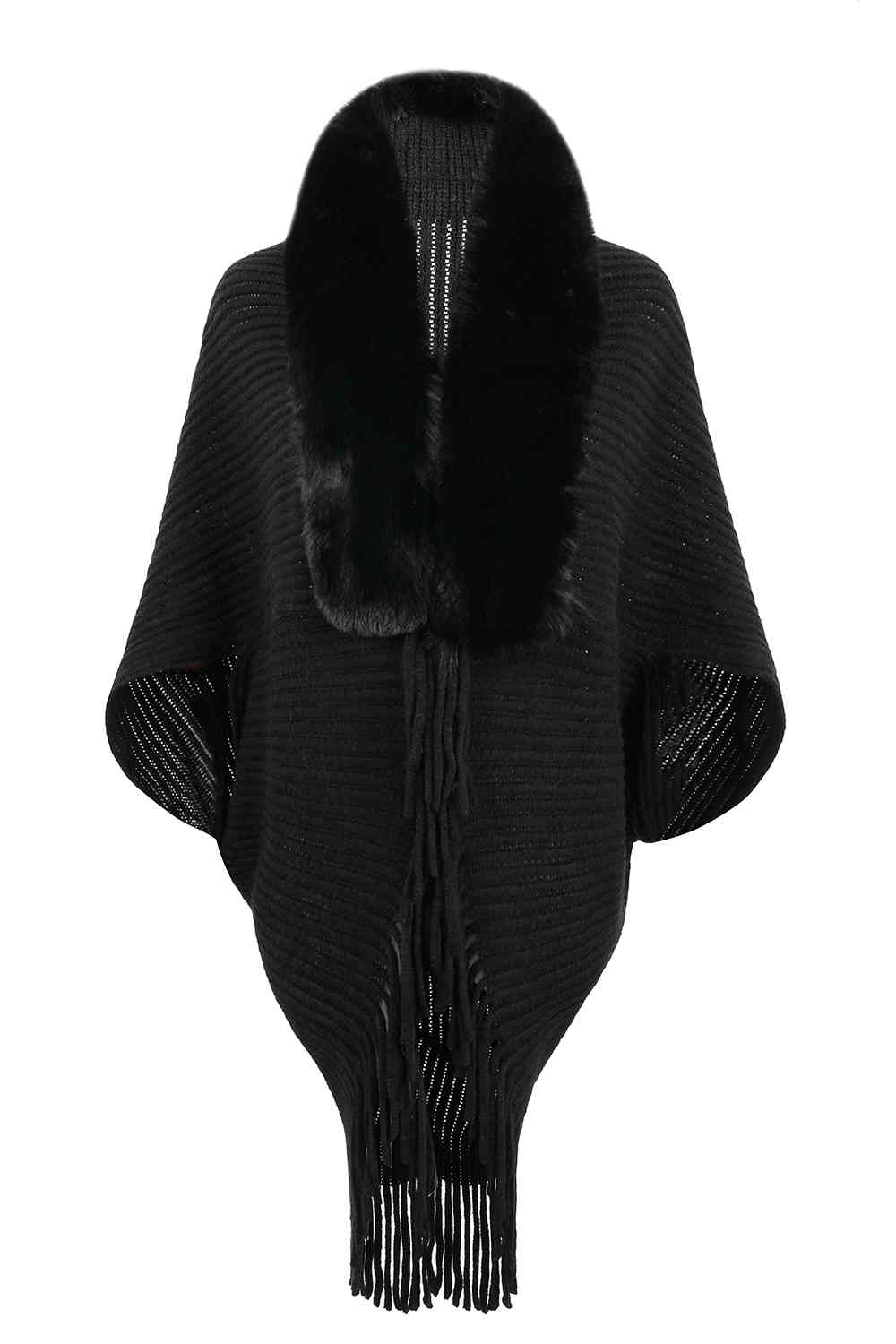 Fringe Detail Long Sleeve Ribbed Poncho Bazaarbey