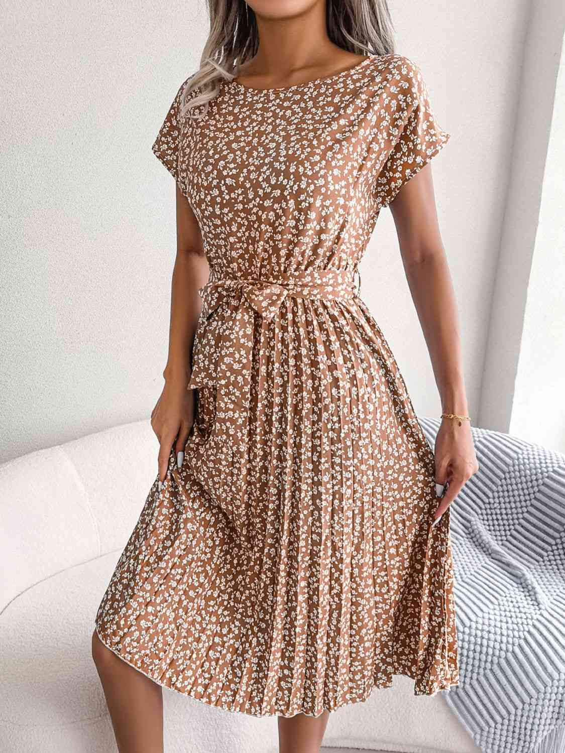  Floral Pleated Belted Dress -BazaarBey - www.shopbazaarbey.com