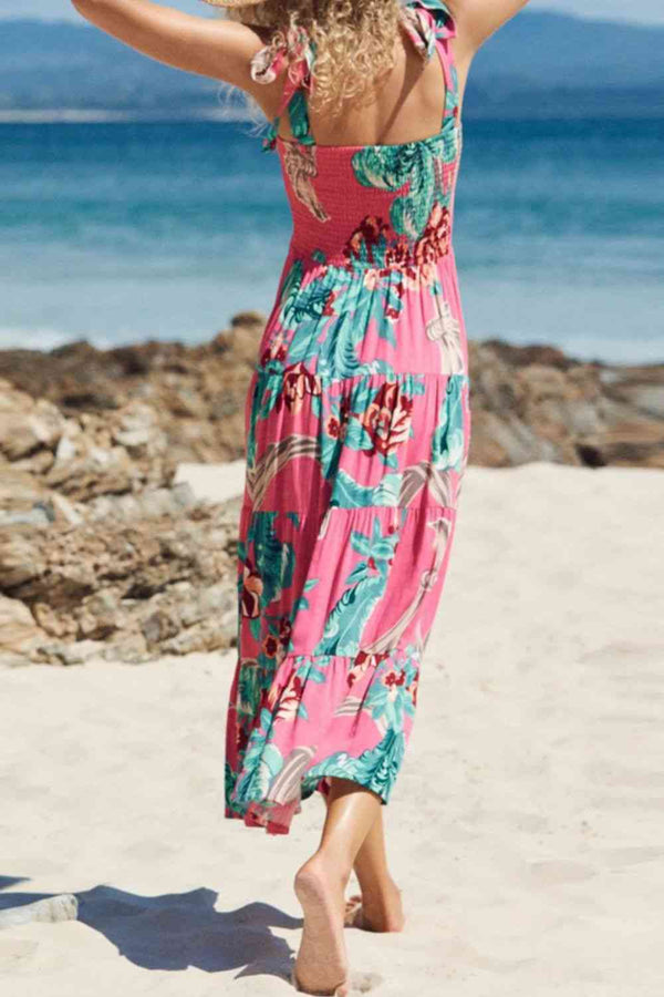 Floral Smocked Tie-Shoulder Tiered Dress -BazaarBey - www.shopbazaarbey.com