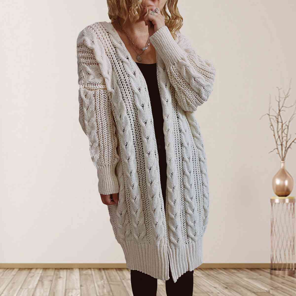 Cable-Knit Open Front Dropped Shoulder Cardigan Trendsi