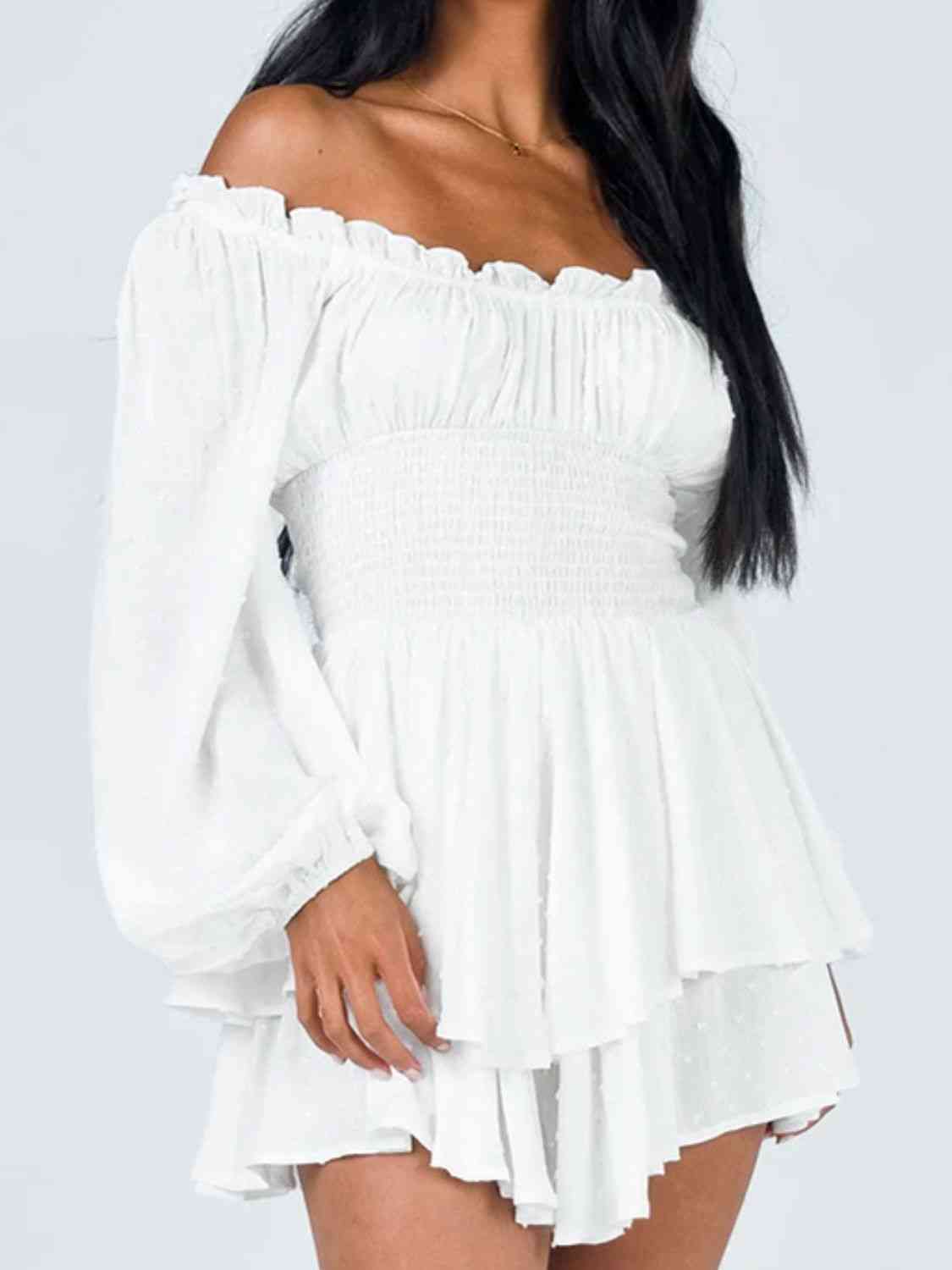 Off Shoulder Smocked Waist Romper -BazaarBey - www.shopbazaarbey.com
