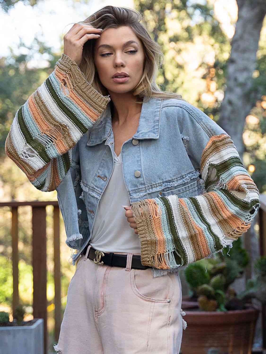 Distressed Striped Long Sleeve Denim Jacket Bazaarbey