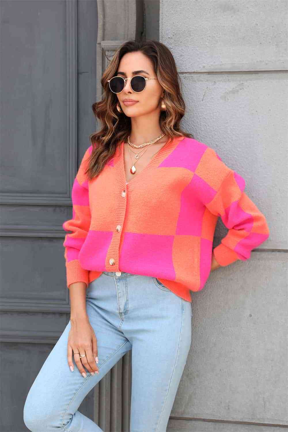 Plaid V-Neck Dropped Shoulder Cardigan Trendsi