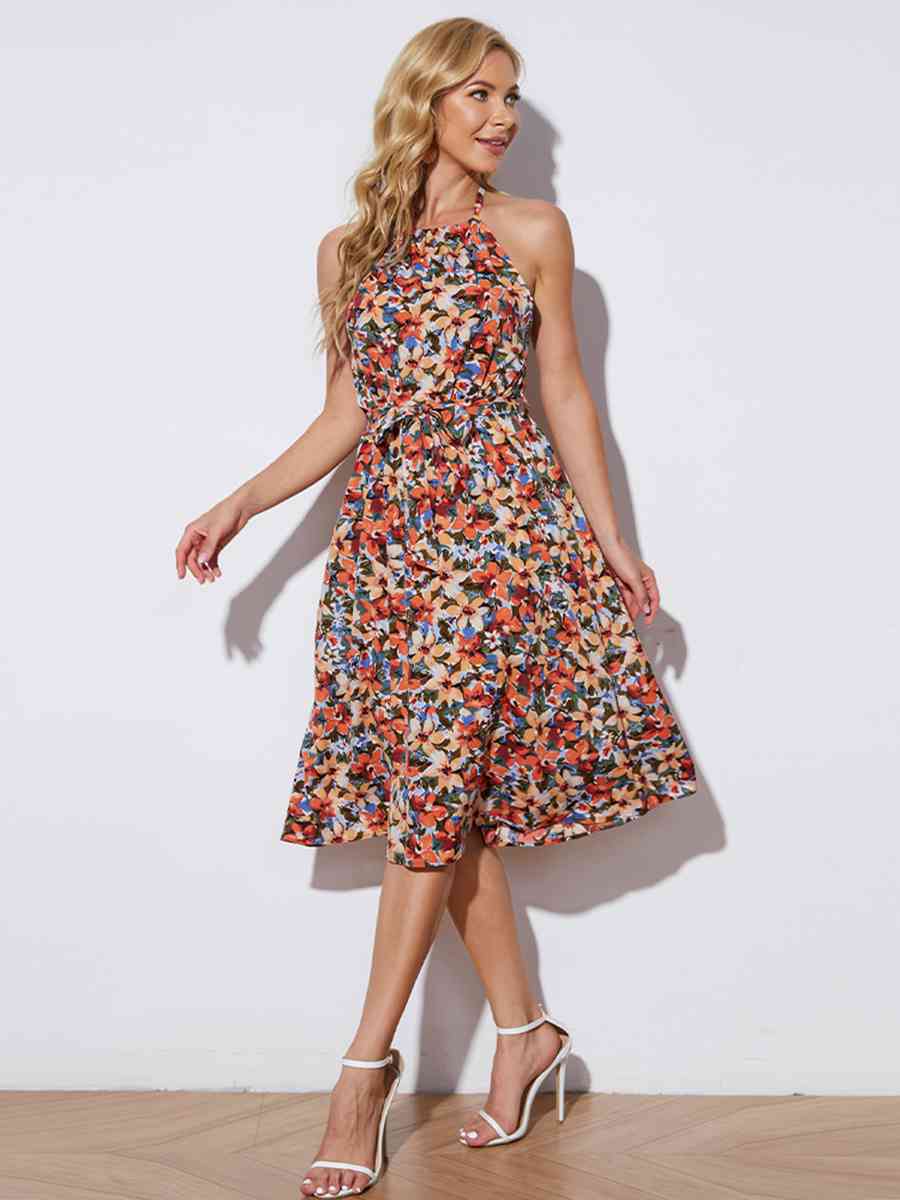 Floral Halter Neck Tie-Waist Backless Dress -BazaarBey - www.shopbazaarbey.com