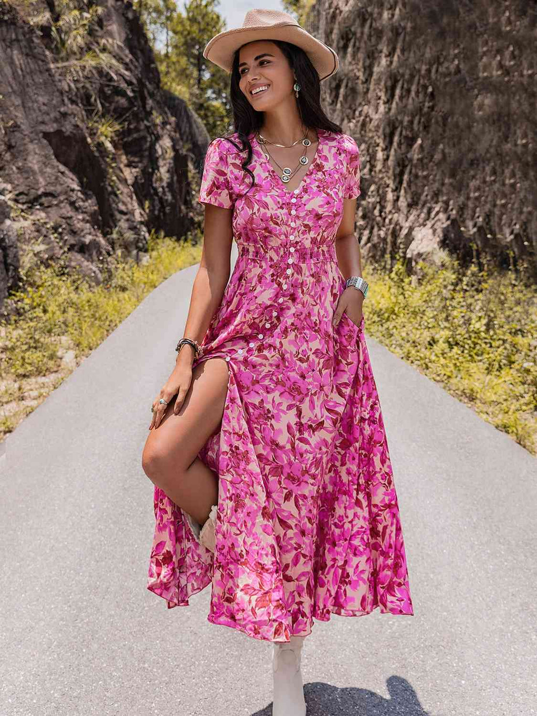Floral V-Neck Slit Dress -BazaarBey - www.shopbazaarbey.com