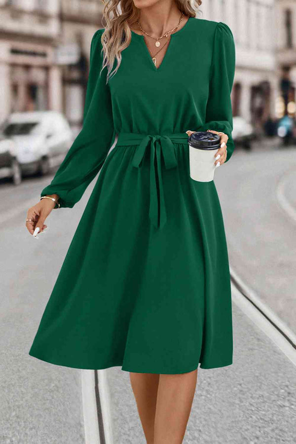 Tie Waist Notched Neck Long Sleeve Dress -BazaarBey - www.shopbazaarbey.com