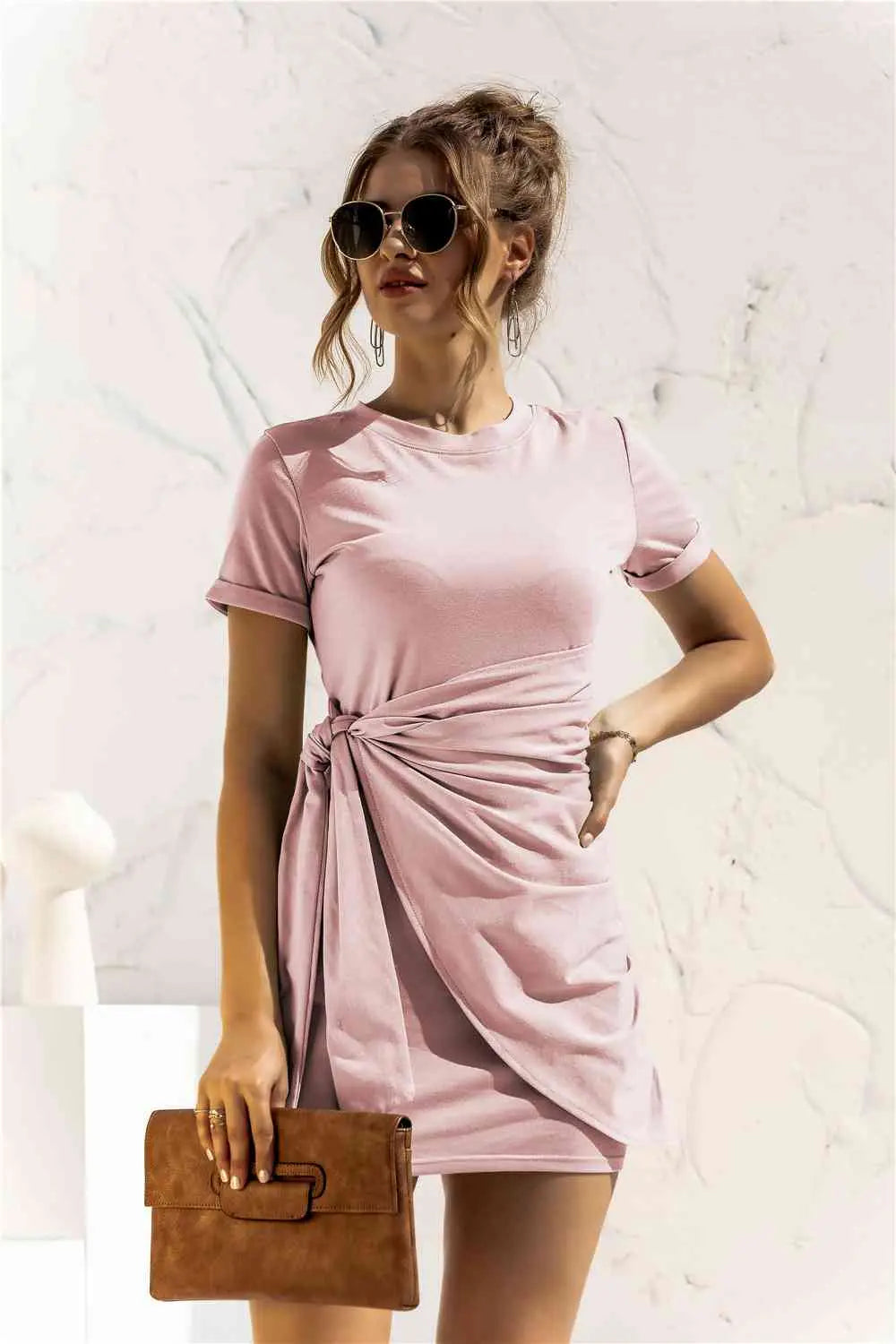 Round Neck Cuffed Sleeve Side Tie Dress -BazaarBey - www.shopbazaarbey.com