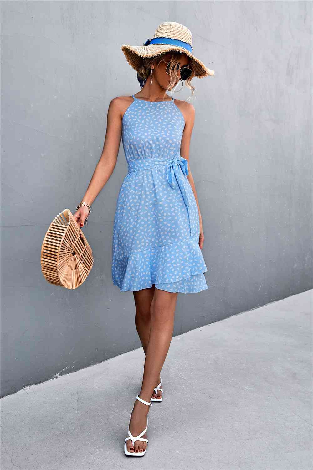 Printed Tie Waist Ruffle Hem Sleeveless Dress -BazaarBey - www.shopbazaarbey.com