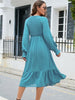  V-Neck Smocked Lantern Sleeve Ruffle Hem Dress -BazaarBey - www.shopbazaarbey.com