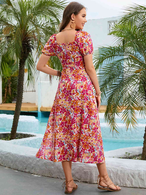 Floral Square Neck Short Sleeve Midi Dress -BazaarBey - www.shopbazaarbey.com