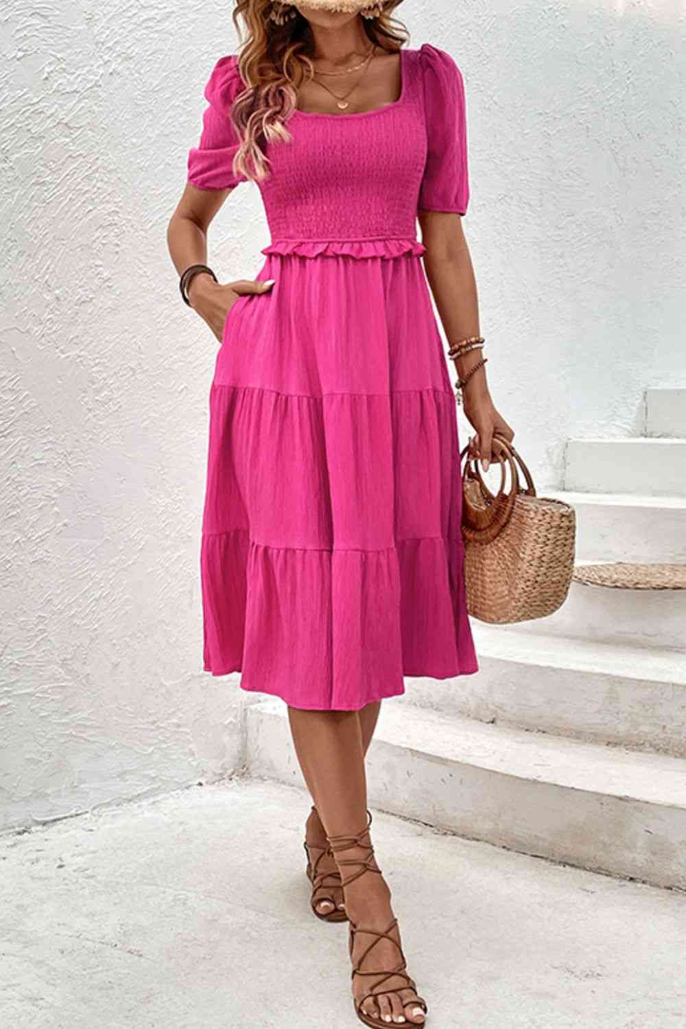 Square Neck Puff Sleeve Cutout Dress -BazaarBey - www.shopbazaarbey.com