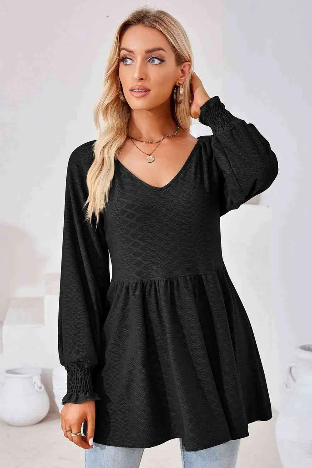 V-Neck Lantern Sleeve Blouse Bazaarbey