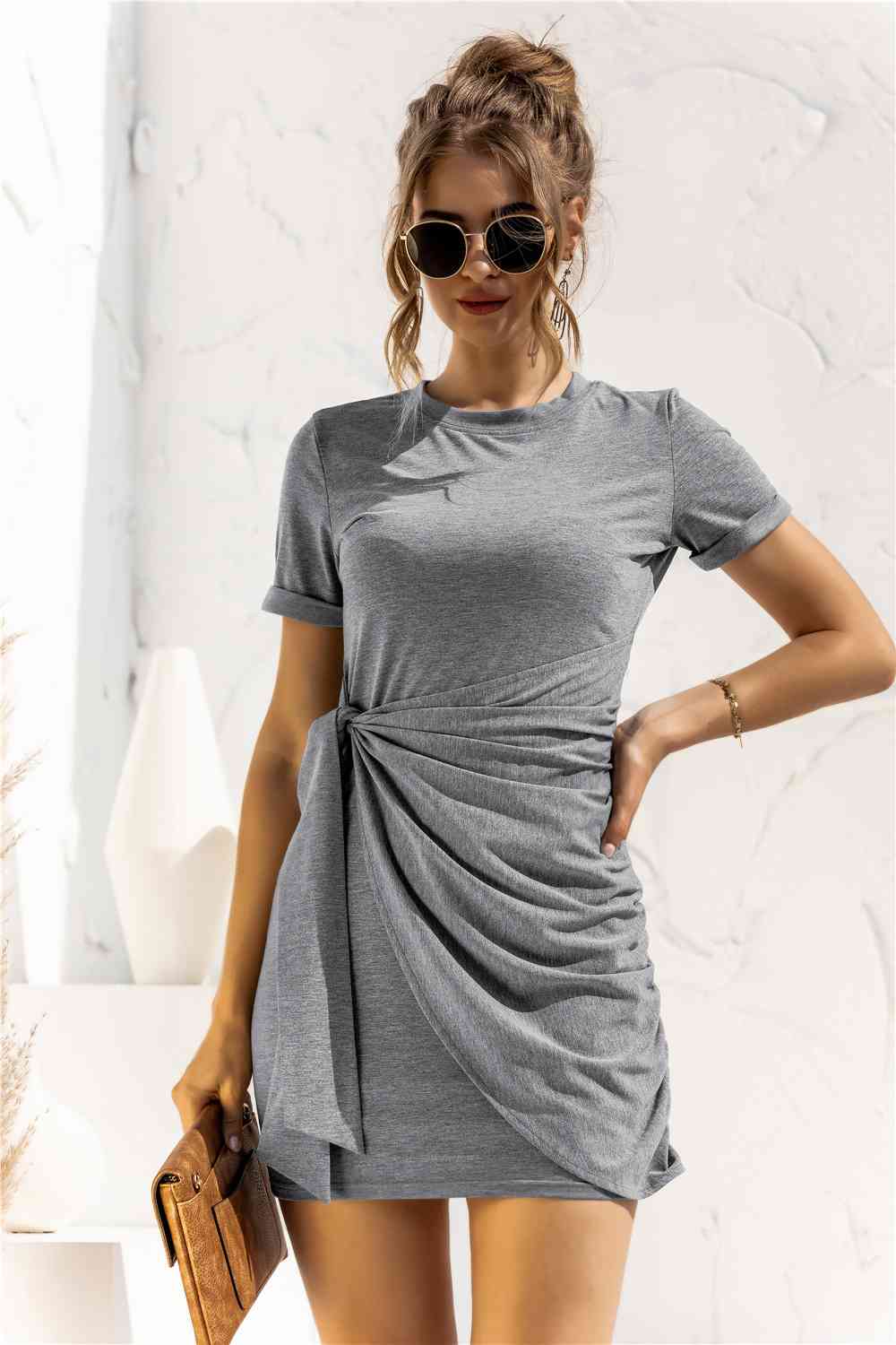 Round Neck Cuffed Sleeve Side Tie Dress -BazaarBey - www.shopbazaarbey.com